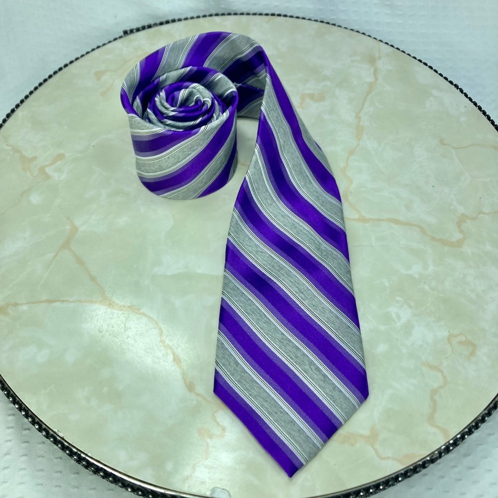 Calvin Klein Striped Silk Blend Necktie Mens Sz OS Purple Grey Long Classic Tie